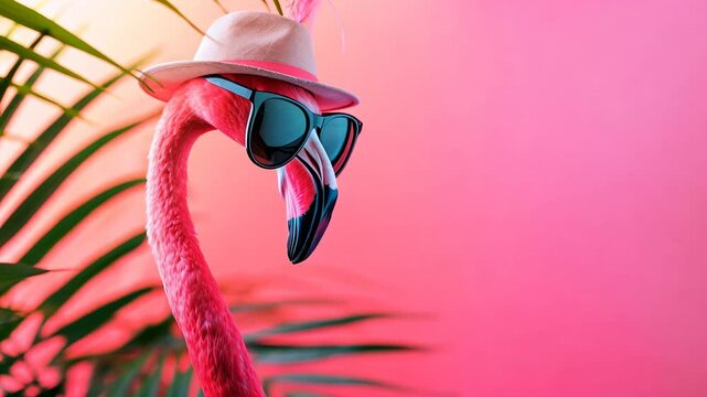 Bright pink flamingo in sunglasses and hat on pink background, summer vacation concept, tourism, banner with copyright