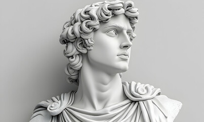 A detailed 3D render of a classical bust, showcasing intricate hair and drapery details against a muted backdrop
