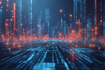 Digital city skyline with data stream and orange lights for futuristic cityscape, big data, technology background, virtual realty, 3d illustration