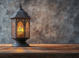Ornate arabic lantern illuminating wooden table for ramadan celebration