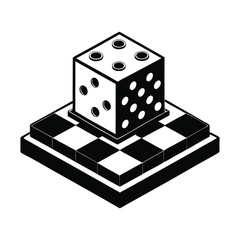 a flat illustration of a chess board and dice, checkmate on the board