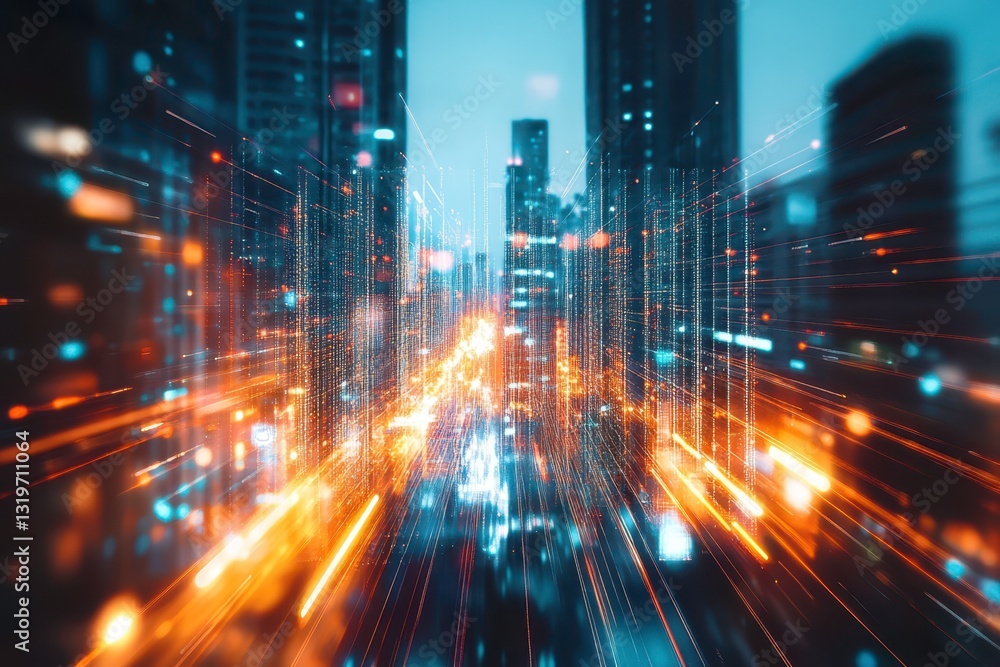 Poster abstract digital city with glowing data streams. technology overlay on futuristic urban landscape. i