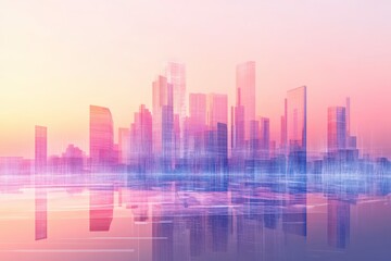 Abstract geometric megapolis at sunset illustration for banner background. Futuristic cityscape with modern architecture for real estate concept, architectural firm design.