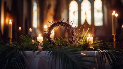 Sacred Crown of Thorns on Pristine Altar: A Symbol of Faith, Sacrifice, and Spirituality. Perfect for religious, Easter, or Lent themed designs,      