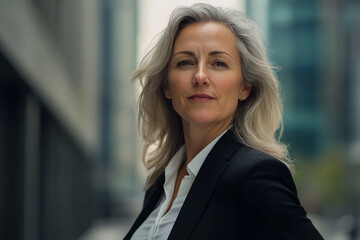 Naklejka premium Confident mature businesswoman portrait city background grey hair suit urban style power image photo