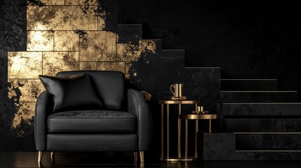 Black chair sits in front of a gold wall. The chair is surrounded by a coffee table and two small side tables. The room has a modern and luxurious feel