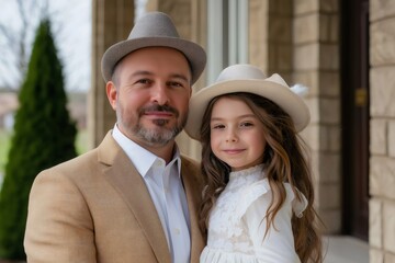 Father and daughter wearing elegant hats celebrating easter sunday. Generative ai illustrations