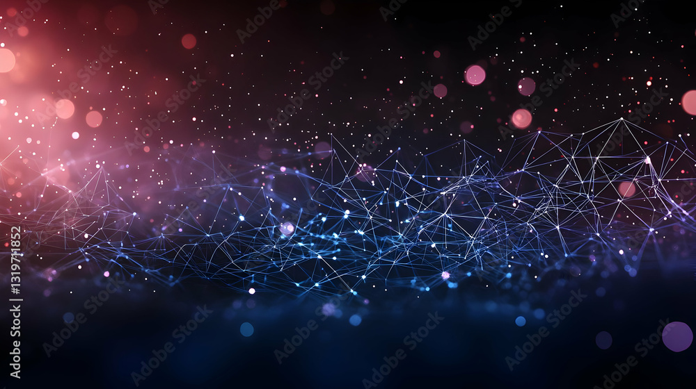 Poster abstract digital network with connecting lines and dots illuminated with blue and red light against 