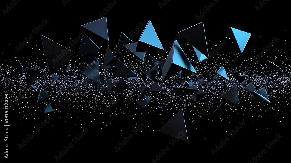 Poster dynamic blue and black triangles scattered across a dark background with sparkling particles abstrac