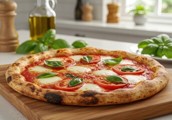 A rustic Margherita pizza with a crispy, charred crust topped with fresh basil leaves, mozzarella cheese and tomato slices