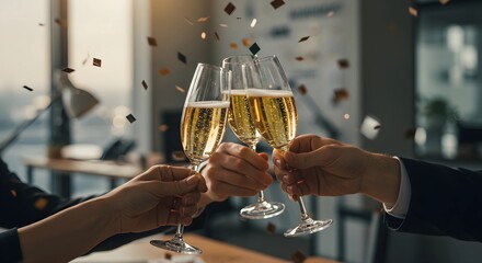 Celebratory Toast with Champagne Glasses and Confetti in Modern Office Setting