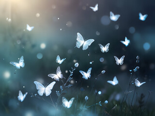A soft, dreamy background with a gradient of light blue and white, featuring subtle glowing orbs and a gentle bokeh effect. Ethereal butterflies with translucent, glowing edges float across the scene