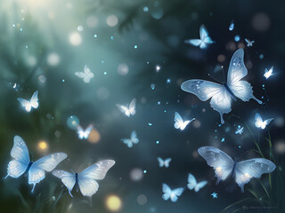 A soft, dreamy background with a gradient of light blue and white, featuring subtle glowing orbs and a gentle bokeh effect. Ethereal butterflies with translucent, glowing edges float across the scene