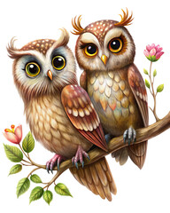 Obraz premium Romantic owl lovebirds perched on a beautifully twisted branch in transparent background