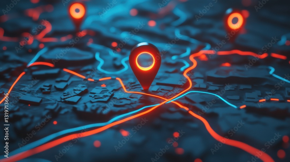 Poster creative glowing map wallpaper with location pins. navigation and geolocation concept. 3d rendering