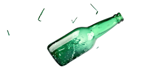 Glass shards, broken green beer bottle placed on white or transparent background