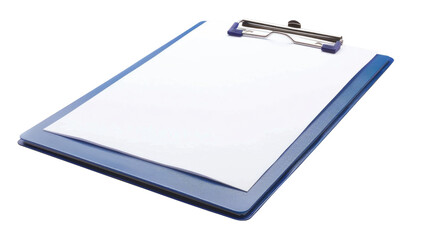 Blue clipboard with blank white paper isolated on transparent background