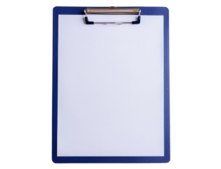 Blue clipboard with blank white paper isolated on transparent background