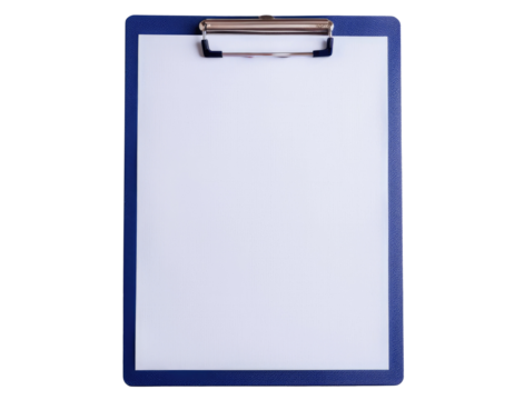 Blue clipboard with blank white paper isolated on transparent background