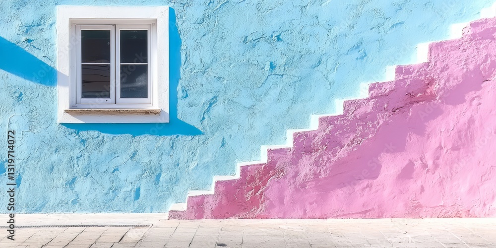 Poster blue and pink wall with a window in the middle. the window is open and the wall is covered in pink a