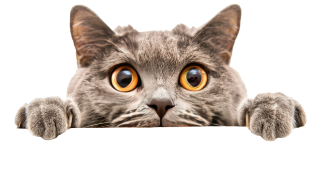 surprised cat look out from behind a white background isolated on transparent