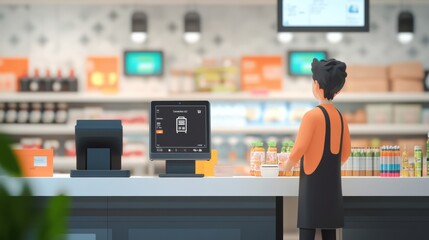 Smart cashier utilizes AI technology for automated checkout in a modern supermarket environment focusing on efficient customer service