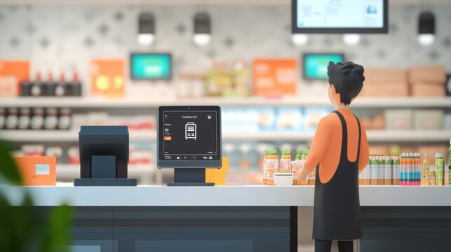 Smart cashier utilizes AI technology for automated checkout in a modern supermarket environment focusing on efficient customer service