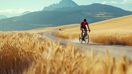 Cyclist riding a bicycle on a rural road through a field