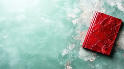 A stunning marbled red notebook is positioned on an abstract textured green background, exemplifying craftsmanship and artistic style in personal note-taking and creativity.