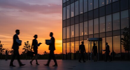 Fototapeta premium Business Professionals Walking Outside Modern Office at Sunset