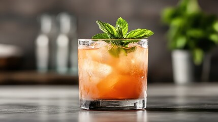 A chic cocktail featuring a blend of vibrant colors, garnished with mint leaves, served in a clear glass, and perfect for vibrant celebrations and stylish gatherings.