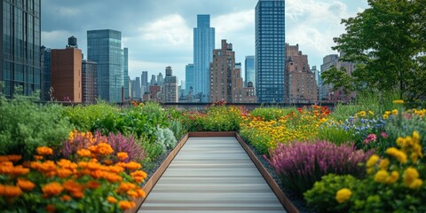 Urban flower garden pathway city skyline nature rooftop scenic