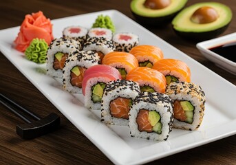 A white plate showcasing a variety of sushi rolls filled with fresh tuna, salmon, avocado and cucumber