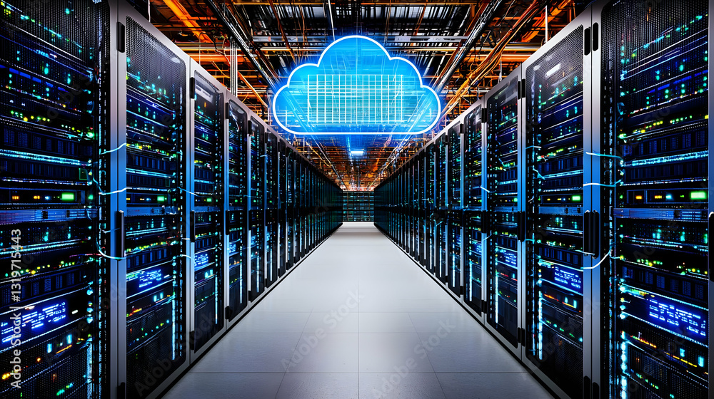Aufkleber blue cloud icon over rows of servers inside a dark data center with illuminated details