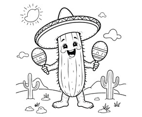 Dancing Cactus with Sombrero coloring page