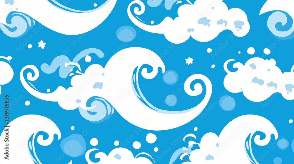 Poster blue and white pattern of waves and clouds. the pattern is very intricate and detailed, with each wa