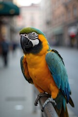Vibrant blue-and-yellow macaw perched on a railing in an urban setting