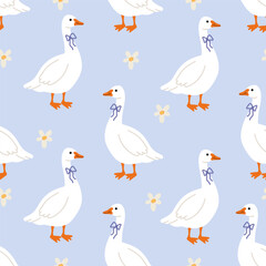 Cute seamless pattern with geese and chamomile in blue background. Spring summer background. Good for printing and wrapping.