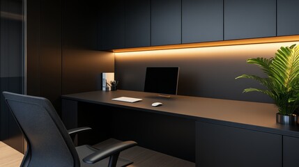 Modern minimalist office interior with sleek desk, computer, and plant in a stylish workspace