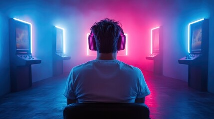 A mesmerizing image of a gamer wearing headphones, focused on the neon ambient light of multiple gaming machines, showcasing the immersive world of gaming and its community.