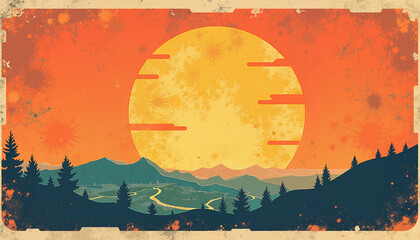 Vibrant sunset over rolling hills and forest, nature's beauty