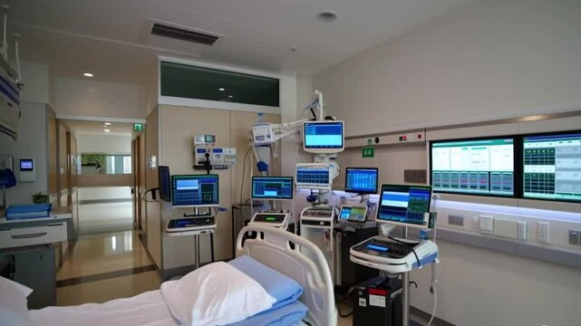 Advanced medical equipment in a modern hospital room equipped with monitors