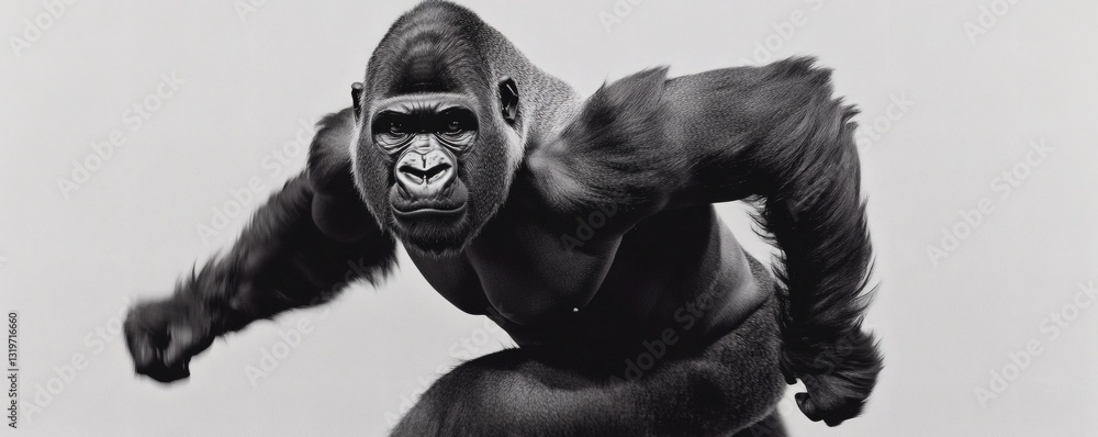 Poster a powerfully built gorilla is captured in a dynamic forward movement pose