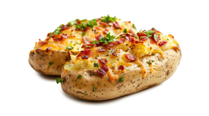 Baked loaded potatoes with cheese, isolated on transparent background.