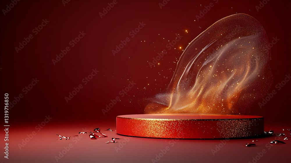 Poster red and gold glitter podium on a red background with golden sparkles in a 3d rendered digital art st
