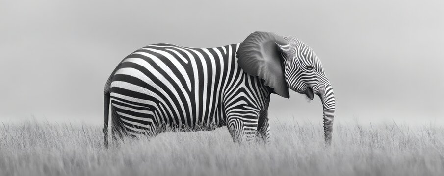 A unique hybrid animal combining an elephant with zebra markings