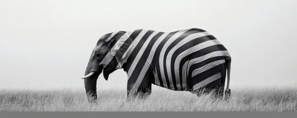 An elephant camouflaged with zebra stripes standing in tall grass