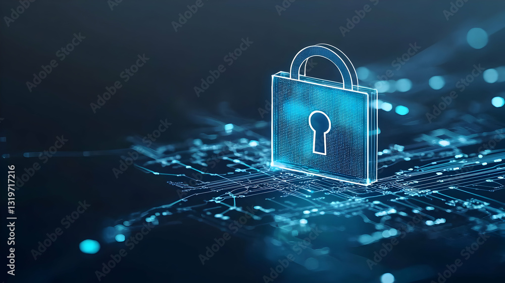 Poster a blue glowing digital padlock hovers above an intricate circuit board network symbolizing cybersecu