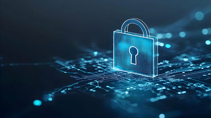 A Blue Glowing Digital Padlock Hovers Above An Intricate Circuit Board Network Symbolizing Cybersecurity In A Dark Abstract Space