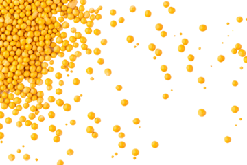 Yellow mustard seeds macro on white or transparent background, top view